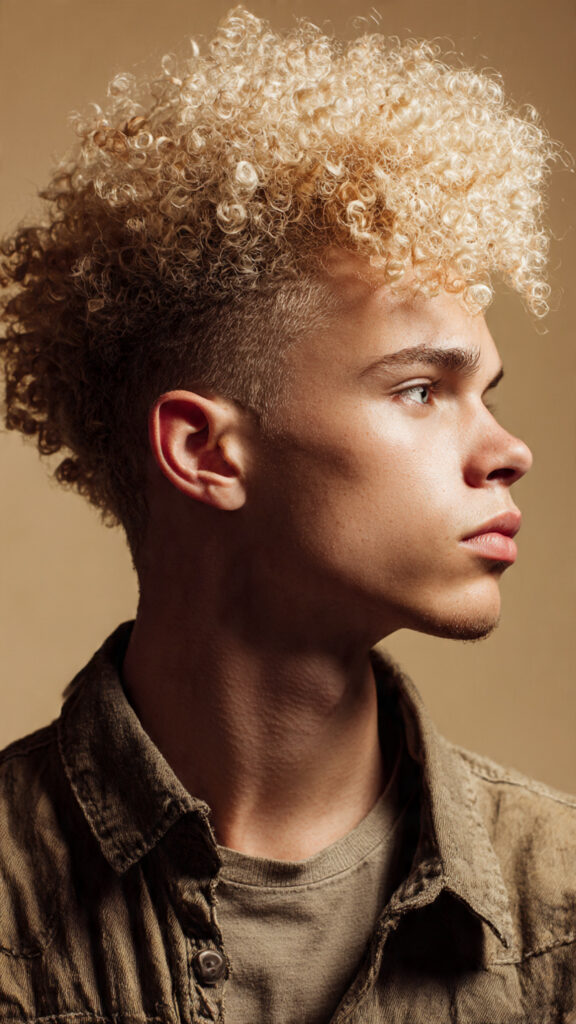 the blonde curly fro hawk hairstyle of men