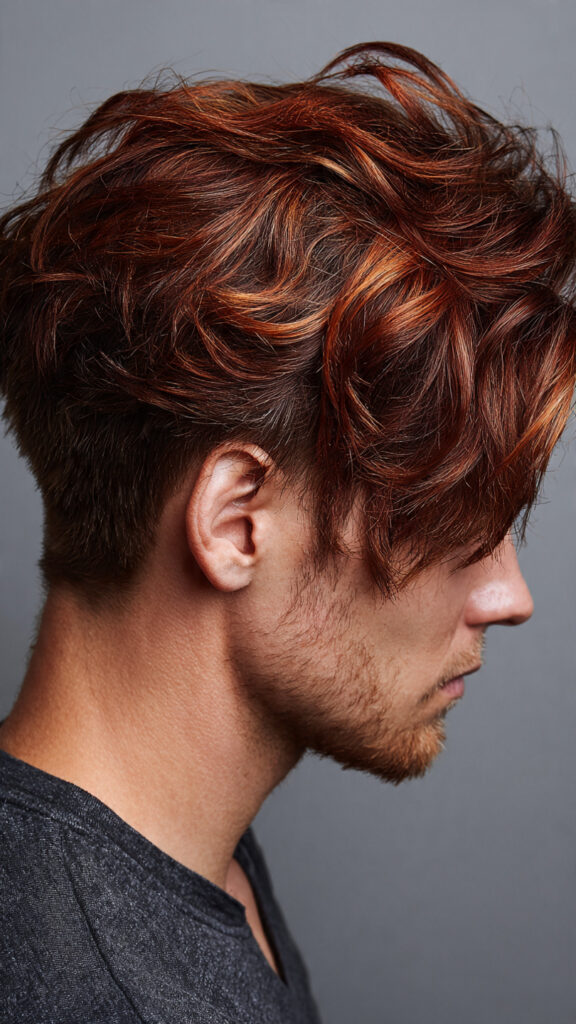 men s hair with a rustic auburn balayage