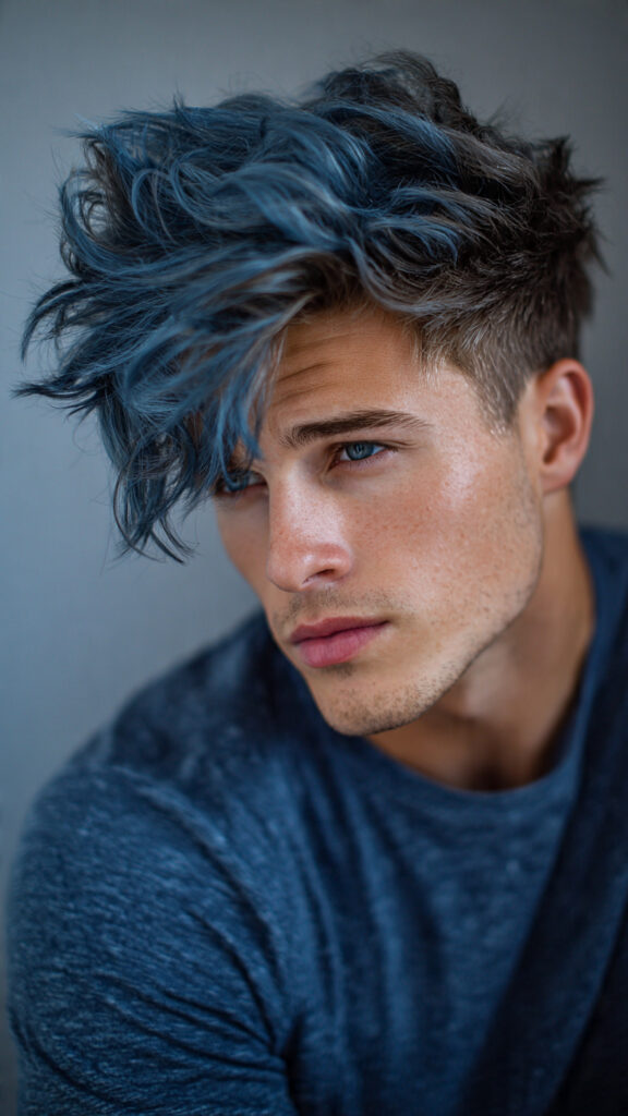 men s hair with a smoky blue balayage